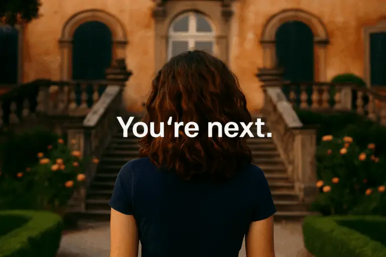 Rear view of a woman standing at the base of a grand staircase leading to an Italian villa, with warm lighting and lush garden surroundings. Overlay text reads “You’re next.” — inviting viewers to share their story. Designed for M&M Wealth Associates’ testimonials page to inspire future clients.