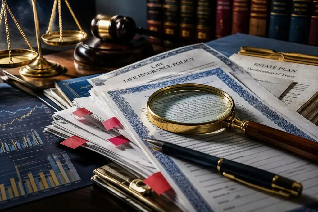 Life insurance policy documents, estate planning paperwork, financial reports, and a magnifying glass on a desk, representing the review and analysis of complex insurance and wealth planning strategies.