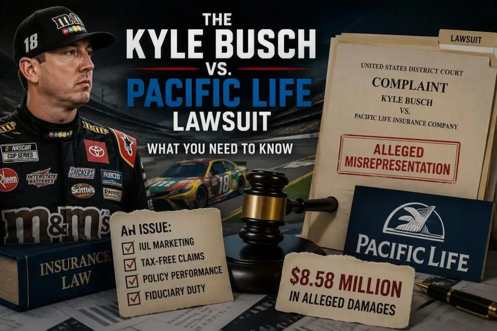 Editorial graphic discussing the Kyle Busch vs. Pacific Life lawsuit, featuring life insurance imagery, legal documents, allegations of misrepresentation, and claims involving Indexed Universal Life insurance policies.