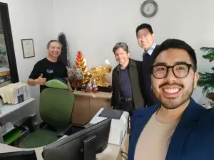 Co Founders of M&M Wealth Associates Pinnacle Planning department, Michael Henry, Matthew Wu, Durendal Huynh meets with local business owner in Southern California.