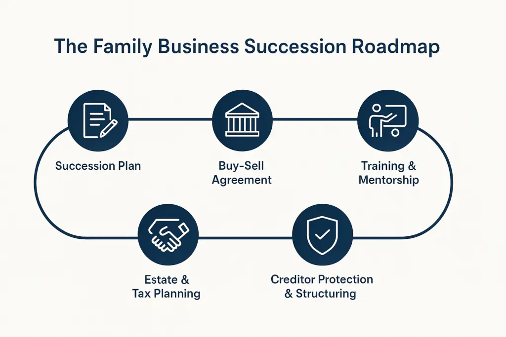 “Family Business Succession Roadmap” by M&M Wealth Associates, showing five connected steps: Succession Plan, Buy-Sell Agreement, Estate & Tax Planning, Training & Mentorship, and Creditor Protection. Clean layout with icons and curved path.