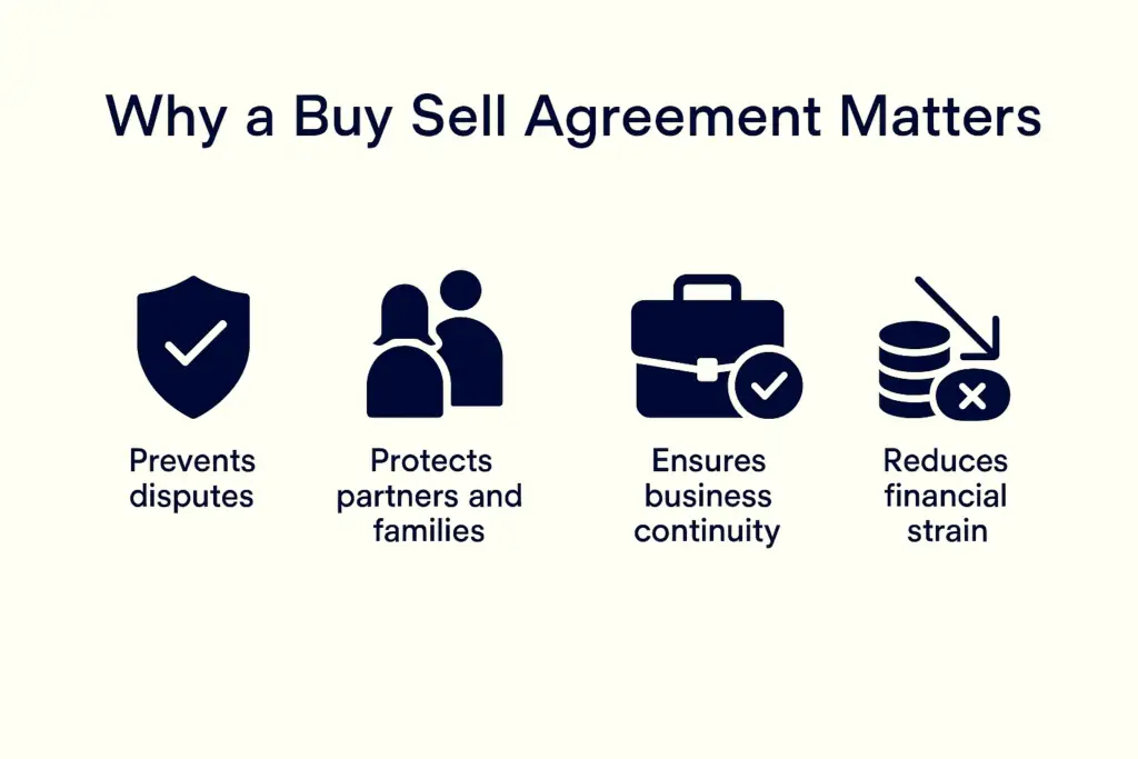 “Why a Buy Sell Agreement Matters,” featuring four minimalist navy icons with labels: Prevents disputes, Protects partners and families, Ensures business continuity, and Reduces financial strain. The icons are evenly spaced across a soft neutral background. M&M Wealth Associates